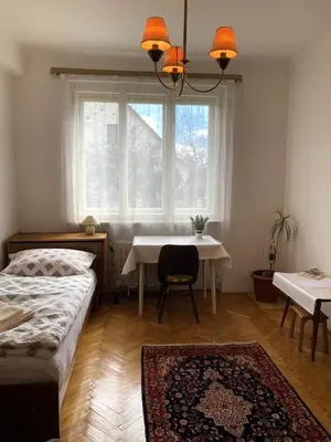 a bedroom with a bed and a table and a window at Spacious apartment - free parking! in Prague