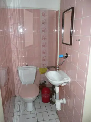 a pink bathroom with a toilet and a sink at Apartment Trojska in Prague