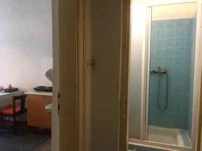 a bathroom with a shower with a glass door at Apartment Trojska in Prague
