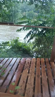 a wooden bench sitting in front of a river at Pobřežní chatička Marta in Sázava