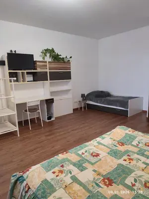 a room with a bed and a desk and a bed sidx sidx sidx at Villa Homestay Nad Helmrovkou in Prague