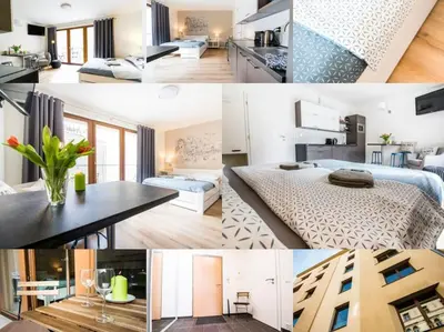 a collage of photos of a kitchen and a living room at Stylish Studio with Balcony, 12 Min to City Centre, Free Netflix & WiFi in Prague