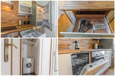 two pictures of a kitchen with a dishwasher and a washer at Josef Manes birth house, All Sights Walkable, Old Town Square in Prague