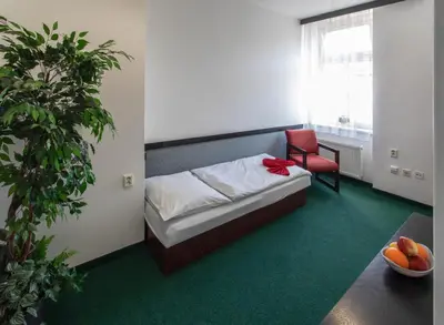 a bedroom with a bed and a chair and a plant at Masarykova Kolej in Prague