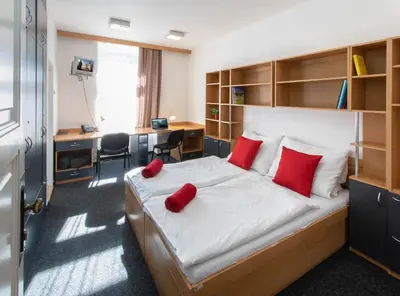 a bedroom with a bed with red pillows on it at Masarykova Kolej in Prague