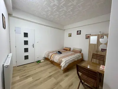 a bedroom with a bed and a desk in it at Trung Lo Cao in Prague