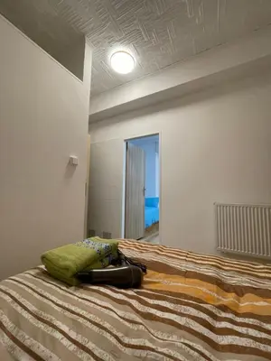 a bedroom with a bed with a green pillow on it at Trung Lo Cao in Prague