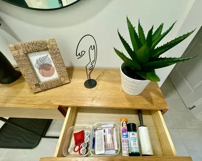 a wooden table with a potted plant on it at ESMOA apartments - Ovenecká, Praha 7 - plně vybaven in Prague