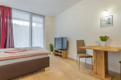 a bedroom with a bed and a desk and a television at Flat with Bathtub & Balcony, only 12min Centrum, 200Mb WIFI in Prague