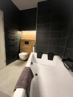 a bathroom with a toilet and a black wall at Vantisch Old Town Apartment in Prague