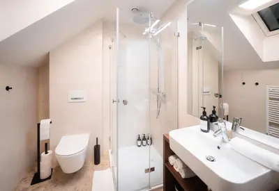 a bathroom with a shower and a toilet and a sink at Accordion Boutique Hotel & Premium Suites in Prague