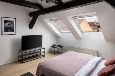 a bedroom with a bed and a flat screen tv at Under the Beams - Designer Prague Old Town Loft in Prague