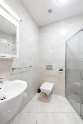 a bathroom with a sink and a toilet and a shower at Friendly Studio for Two Old Town in Prague