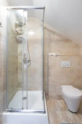a bathroom with a shower and a toilet at Delightful Old Town Studio in Prague