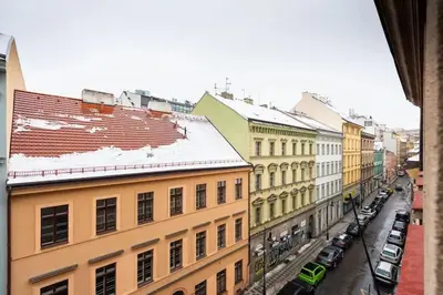 a view of a city street with buildings and cars at Welcoming Studio in Historic Prague in Prague