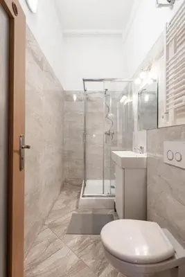 a bathroom with a shower and a toilet and a sink at Peaceful Chic Studio in Central Prague in Prague