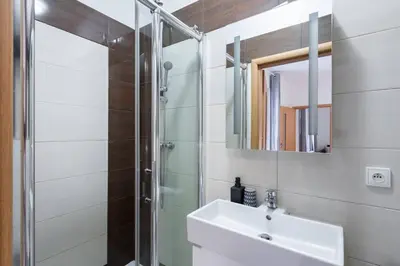 a bathroom with a sink and a shower at Charming Spacious Apartment in Central Prague in Prague