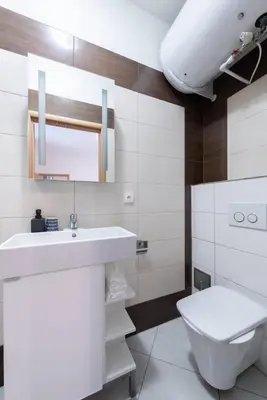 a bathroom with a sink and a toilet and a mirror at Charming Spacious Apartment in Central Prague in Prague