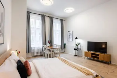 a bedroom with a bed and a tv and a desk at Elegant Spacious Old Town Studio in Prague