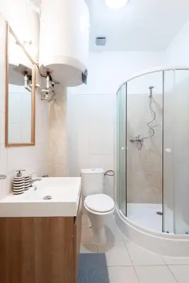 a bathroom with a toilet and a sink and a shower at Vast Central Old Town Studio For 3 in Prague