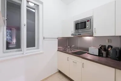 a kitchen with a sink and a microwave at Vast Central Old Town Studio For 3 in Prague