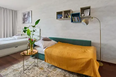 a kitchen with aiencies at High-Sky O2 arena Apartment with garage parking and AC in Prague