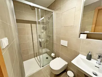 a bathroom with a shower and a toilet and a sink at New studio, King bed, Free parking, Terrace in Prague