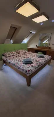 a bedroom with a large bed with a green headboard at Rodinný dům Praha 8, Kobylisy in Prague