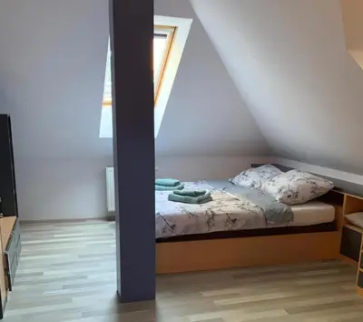 a bedroom with a bed in a attic at Rodinný dům Praha 8, Kobylisy in Prague