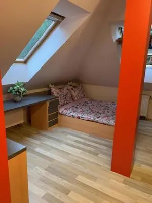 a small room with a bed in the attic at Rodinný dům Praha 8, Kobylisy in Prague