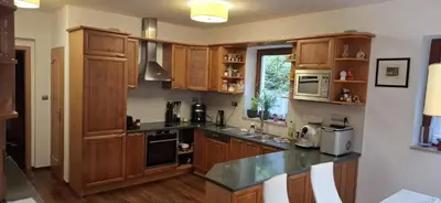 a kitchen with wooden cabinets and a counter top at Rodinný dům Praha 8, Kobylisy in Prague