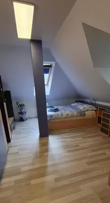 a bedroom with a bed in a attic at Rodinný dům Praha 8, Kobylisy in Prague