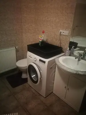 a bathroom with a washing machine and a sink at Villa Barrandov pokoj 3 in Prague