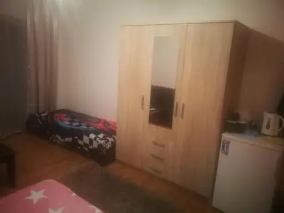 a bedroom with a wooden cabinet with a bed next to it at Villa Barrandov pokoj 3 in Prague