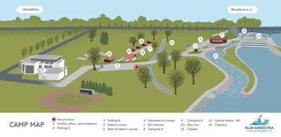 a site plan of a park with a river at Apartmány Kanoistika Roudnice in Vědomice