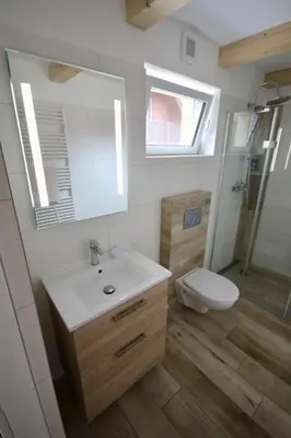 a bathroom with a sink and a toilet and a mirror at Apartmány Kanoistika Roudnice in Vědomice