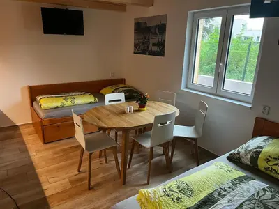 a room with a table and chairs and a bed at Apartmány Kanoistika Roudnice in Vědomice