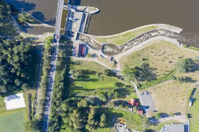 an overhead view of a field with a road at Apartmány Kanoistika Roudnice in Vědomice