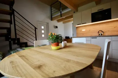 a wooden table in a room with a kitchen at Apartmány Kanoistika Roudnice in Vědomice