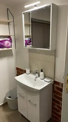 a bathroom with a white sink and a mirror at Domek na statku in Klipec