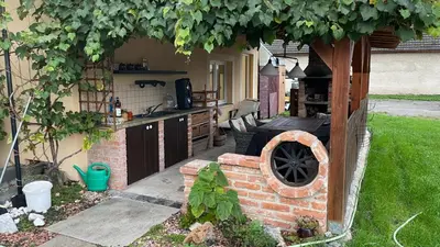 a garden with a brick oven in a backyard at Domek na statku in Klipec