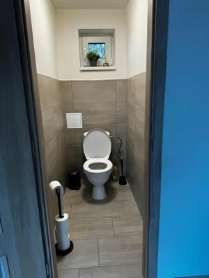 a bathroom with a toilet and a window at Apartmán 2 Jägerhaus in Libochovice