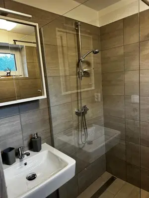 a bathroom with a sink and a shower at Apartmán 2 Jägerhaus in Libochovice