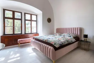 a bedroom with a bed with a pink headboard and windows at Apartmán Hradčany 7 in Prague
