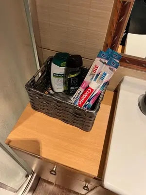 a basket sitting on a counter next to a sink at The Old town's apartment in Prague
