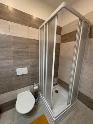 a bathroom with a toilet and a shower at Arbes 14 - Mirror of Prague in Prague