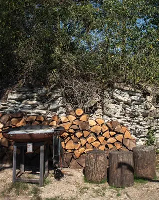 a pile of fire wood next to a stone wall at Veritas Beyond Glamping in Hošťka