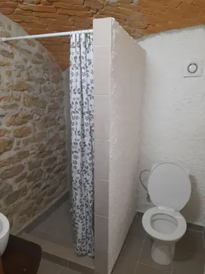 a bathroom with a toilet and a shower curtain at Ubytování Ždírec - Apartmán 3 in Doksy