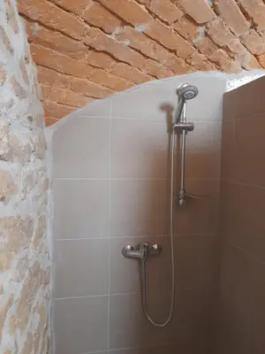 a shower in a bathroom with a stone wall at Ubytování Ždírec - Apartmán 3 in Doksy