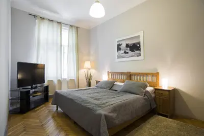 a bedroom with a bed and a flat screen tv at Apartment Dusni in Prague